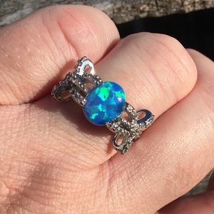 - Blue Fire Opal Crystal Bow Silver Ring SZ 7.5! NEW!